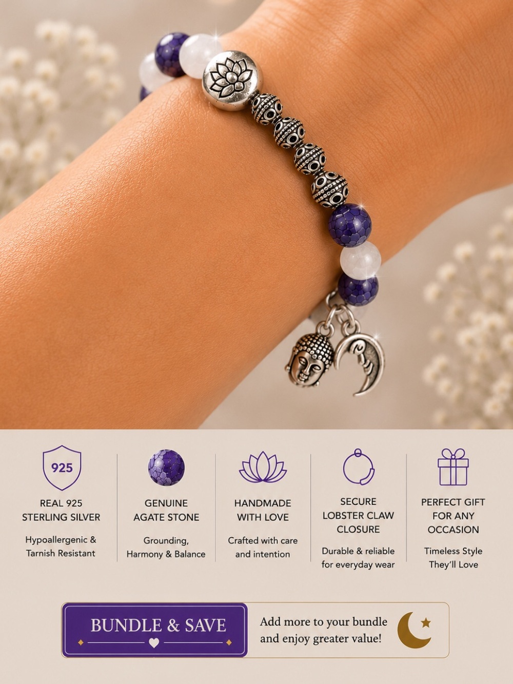 Quartz & Agate Crackle Genuine Stone bracelet with secure clasp